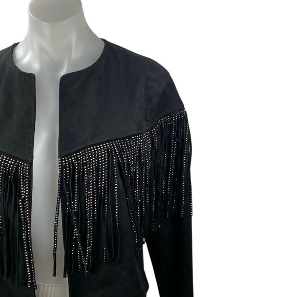 Zara Women's Black Faux Leather Suede Rhinestone Fringe Cropped Jacket Size S - Picture 2 of 6